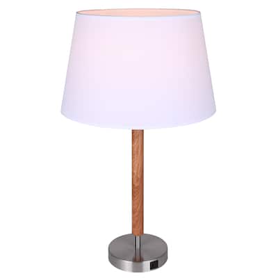 Maly 1 Light Table Lamp with Brushed Nickel and Faux Wood Finish and White Shade