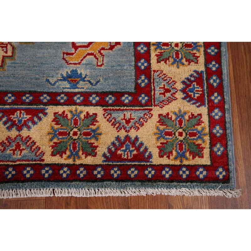 Light Blue Kazak Oriental Area Rug Handmade Geometric Wool Carpet - 3'11" x 5'10"