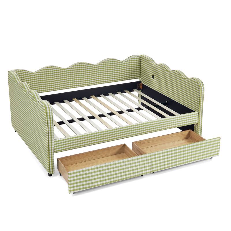 Full Size Upholstery Daybed with 2 Storage Drawers and USB Port, Linen Fabric Sofa Bed with Plaid Pattern and Wavy Silhouette