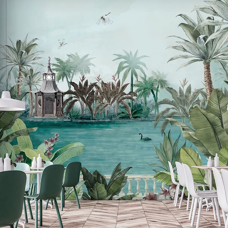 Tranquil Lakeside Pavilion Mural Tropical Palms Black Swan