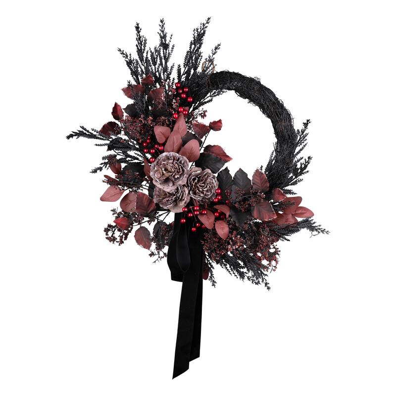 National Tree Company 24" Artificial Blood Red Eucalyptus Leaf Half Halloween Wreath - 2 ft