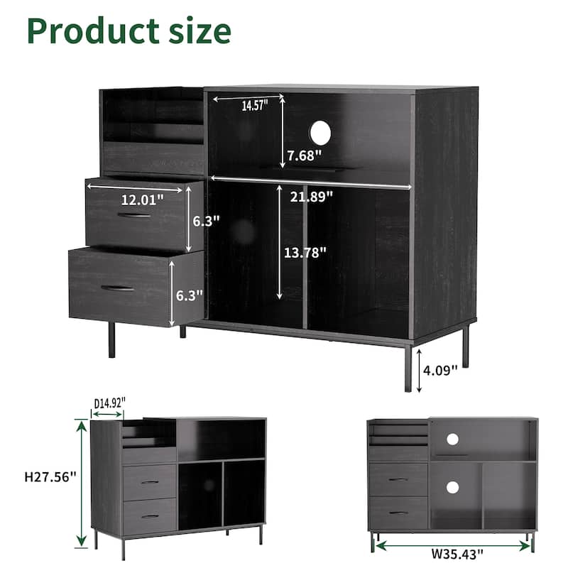 Record Player Stand with Power Outlet, Flip-Down Lid, Vinyl Storage for 300 Albums, Drawers and Steel Legs