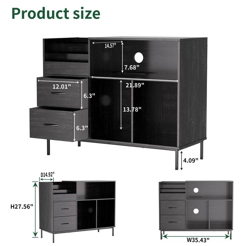 Record Player Stand with Power Outlet & Flip-Down Lid,Turntable Table with Storage,Media Console with 2 Drawers