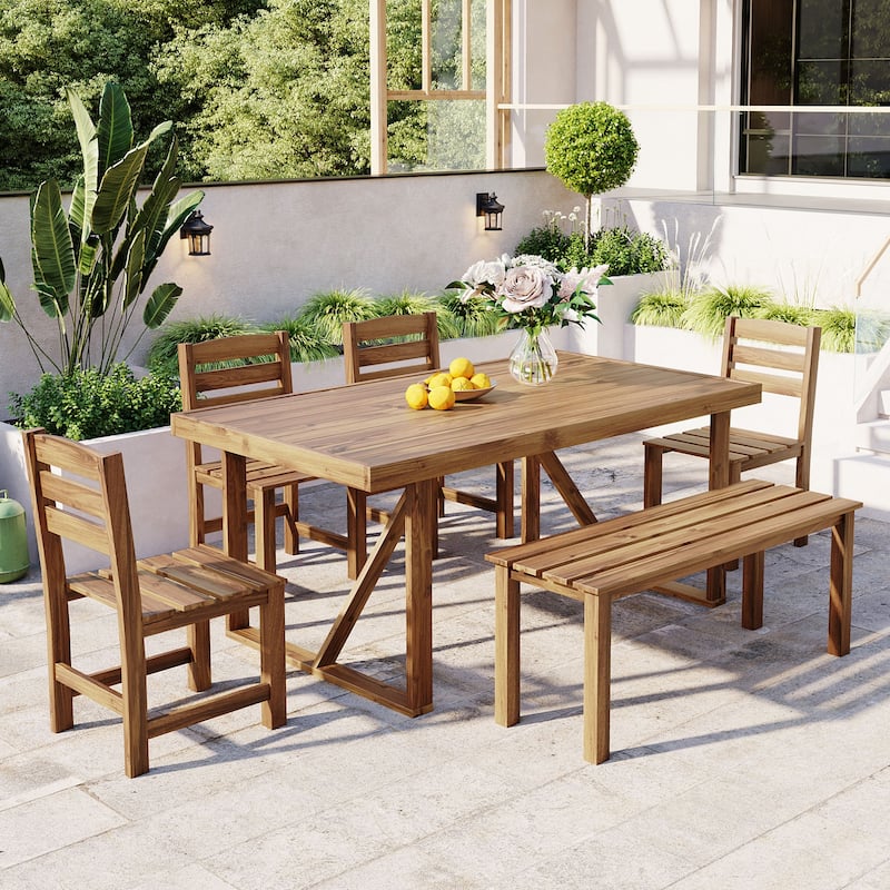 6 Piece Patio Furniture Set, Acacia Wood Outdoor Dining Table and Chairs Set with Rectangular Table, 4 Chairs and Bench - Natural Wood
