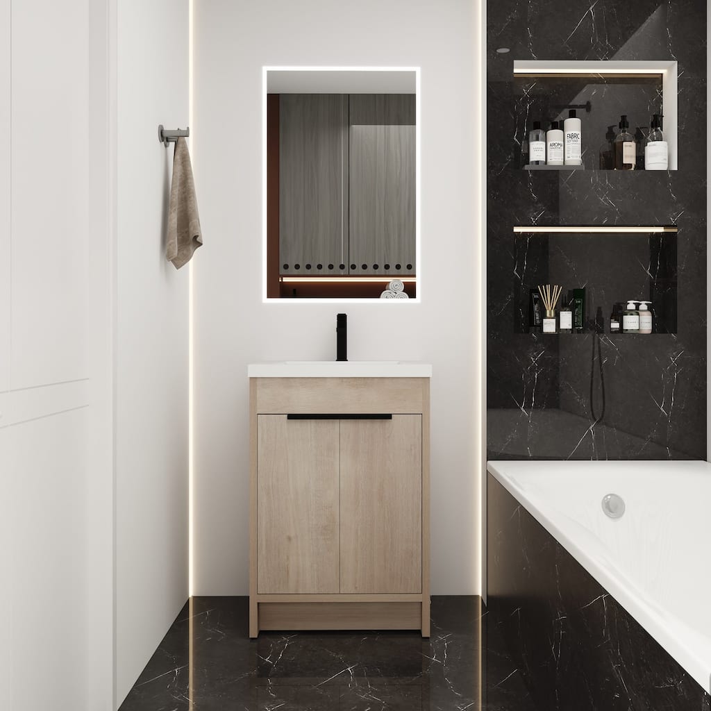 24 Inch Plywood Freestanding Bathroom Vanity With White Resin Sink and Doors and shelf
