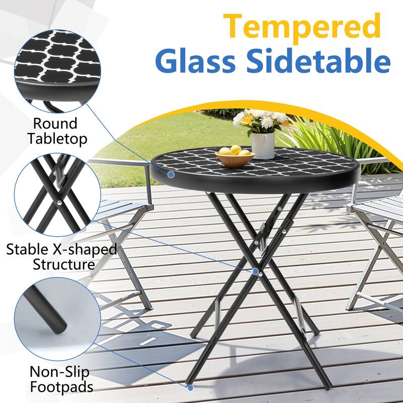 Outdoor Patio Folding Round Table Tempered Glass Top