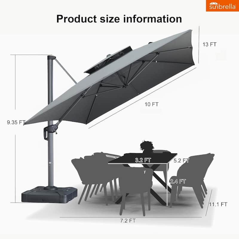 PURPLE LEAF 09x12/10x13 ft Rectangular Heavy Duty Large Offset Hanging 360°Rotation Patio Cantilever Umbrella with Base