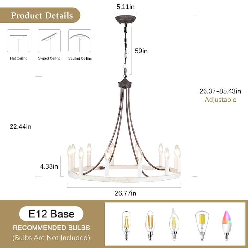 12-Light 26.77-inch Vintage Rustic Wagon Wheel Chandelier for Kitchen