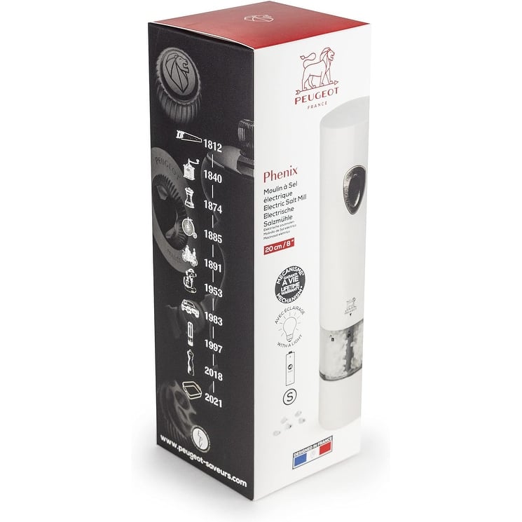 Peugeot PHENIX White Lacquered Stainless Steel Electric Adjustable Salt & Pepper Mill Gift Set, 8-inch