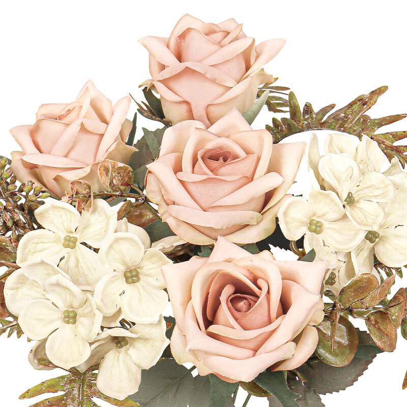 Set of 2 Cafe Blush Artificial Mixed Tea Rose Hydrangea Berry Flower Stem Bush Bouquet 15in - 15" L x 9" W x 9" DP