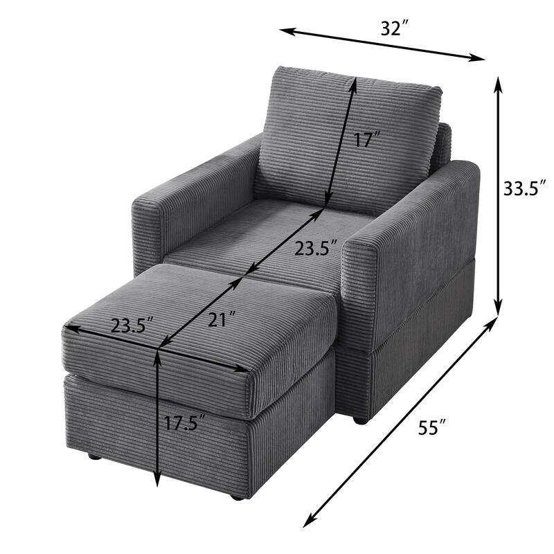 Corduroy Chaise Lounge Set with Ottoman and Adjustable Backrest