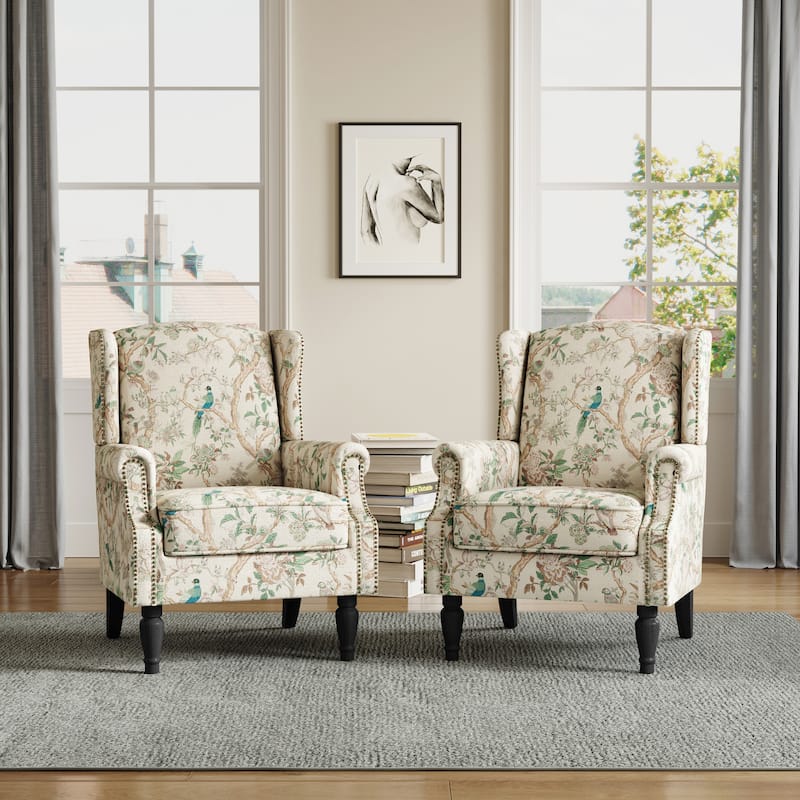 Upholstered Nailhead Trim Armchair Wingback Accent Chairs Set of 2 - Bird