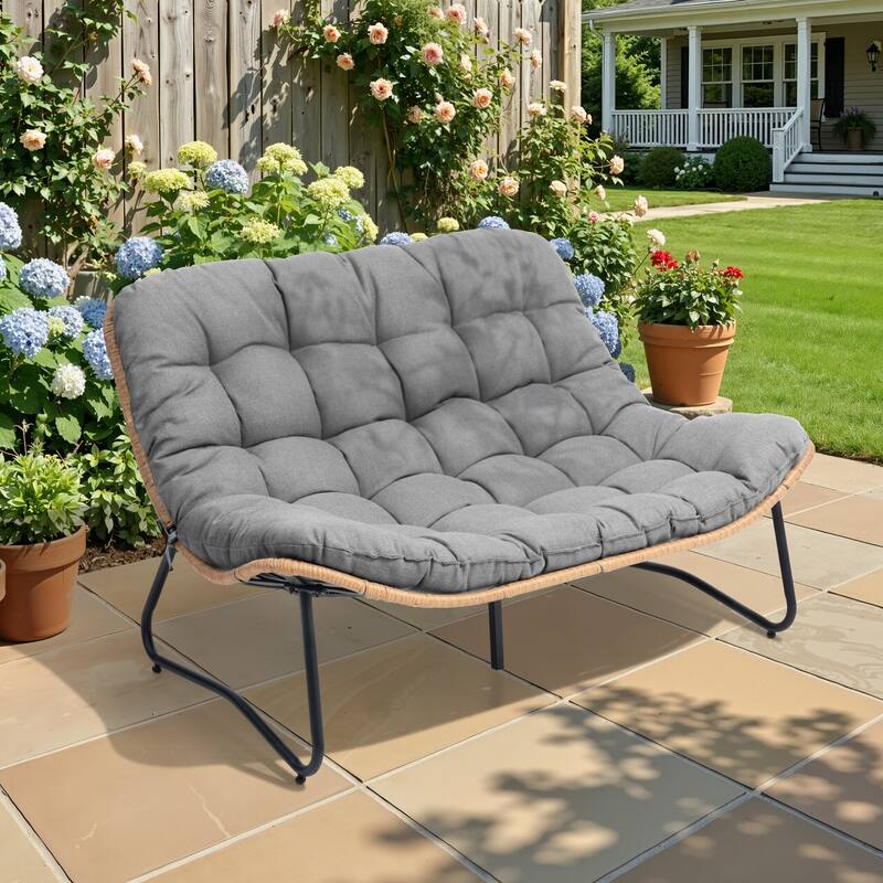 Double Papasan PE Rattan Chair Loveseat with Cushion For Indoor Outdoor