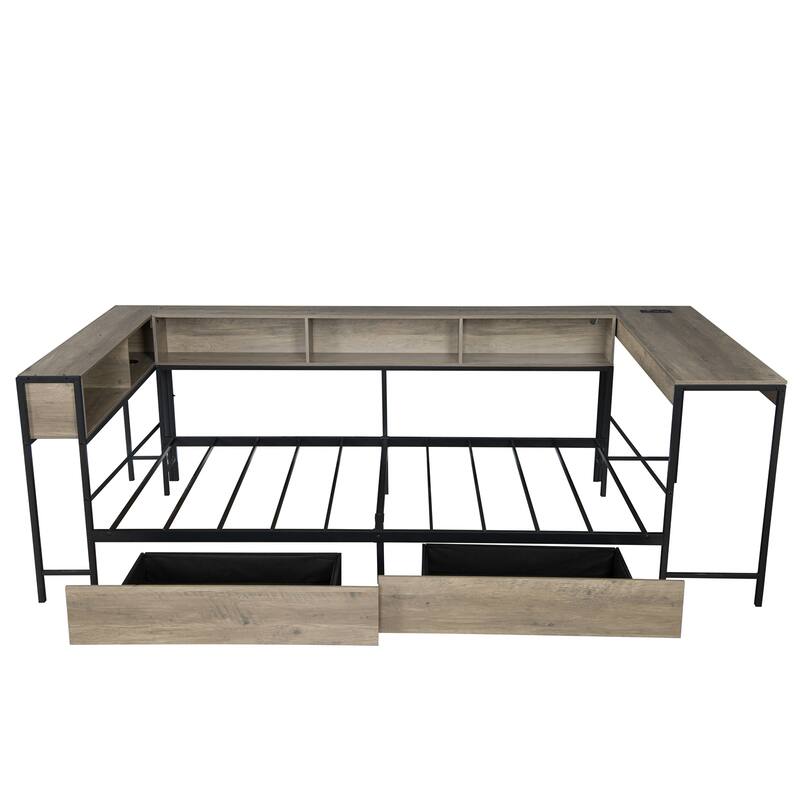 Corner Bed Frame Full Size with 2 Underbed Storage Drawers, LED Light & Charging Station
