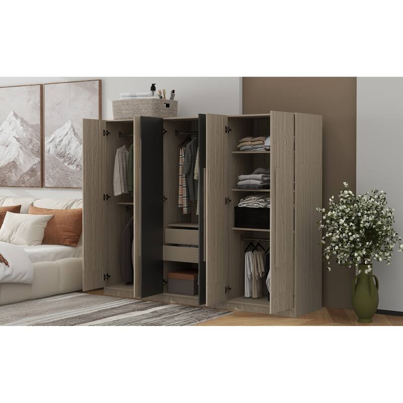 Large 6-Door Wardrobe Armoire, Wooden Two-Tone Armoire with 2 Drawers, Clothes Rail Freestanding Bedroom Armoire Closet