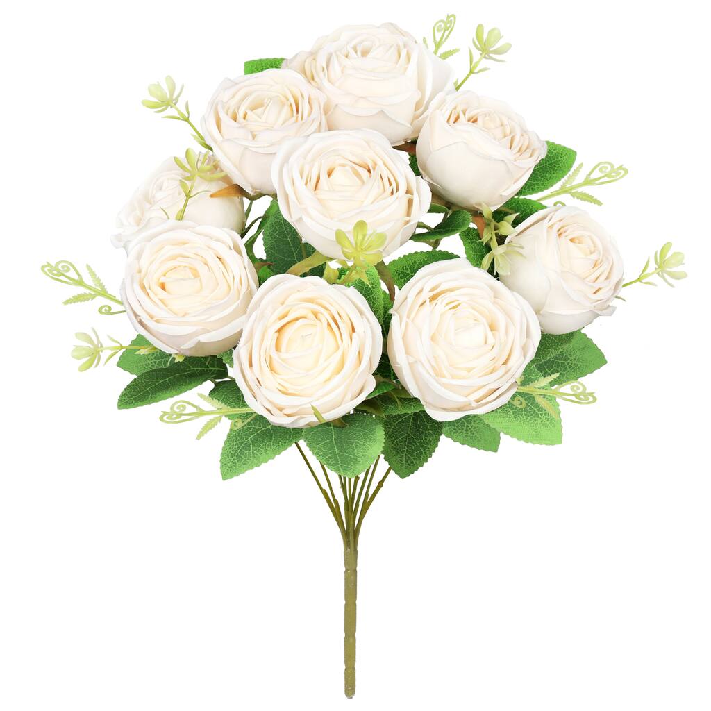 Set of 2 Ivory Artificial Vintage Cabbage Rose Flower Stem Bush Bouquet 17in - 17" L x 10" W x 10" DP