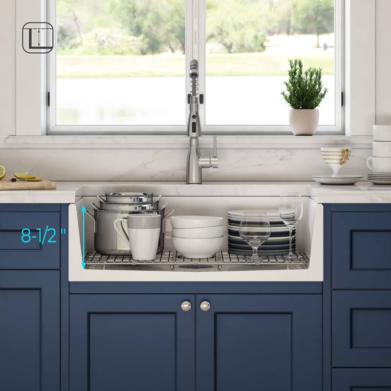 33" White Fireclay Farmhouse Undermount Kitchen Sink with Bottom Grid and Strainer