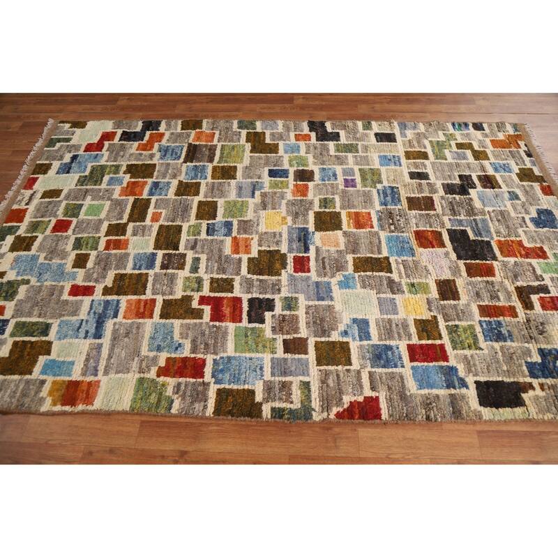 Hand Knotted Oriental 100% Wool Carpet Modern All-Over Greys & Charcoal Moroccan Area Rug - 8' 1'' X 5' 2''