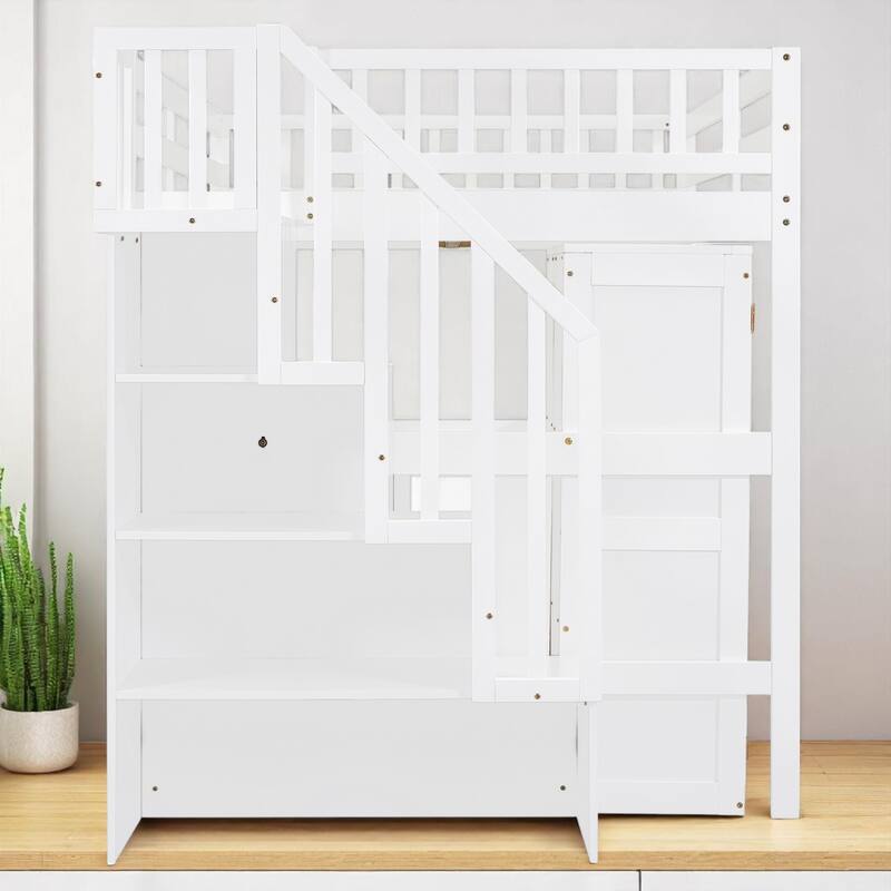 Twin/Full Size Loft Bed with Desk, Wardrobe, Drawers & Stairs, Wood Frame Study Bed with Storage for Kids/Teens