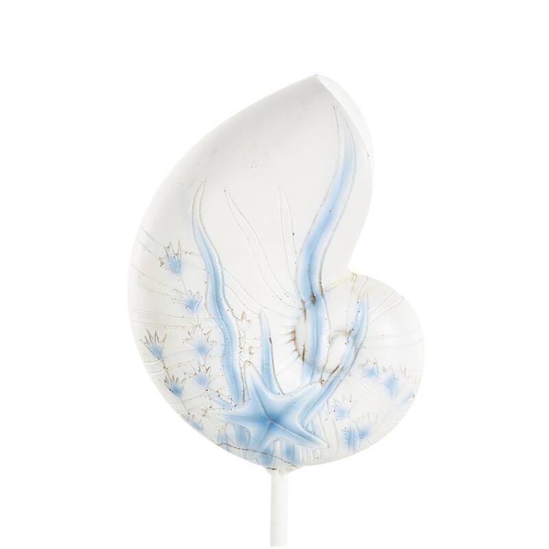 White Polystone Shell and Starfish Sea Life Decorative Sculpture with Blue Coral Patterns (Set of 3)