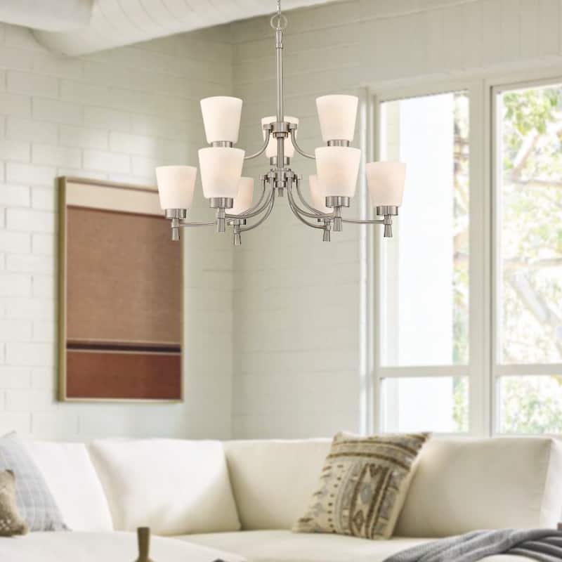 9-Light Mid-Century Modern Shaded Tiered Pendant Lighting Chandelier - Silver