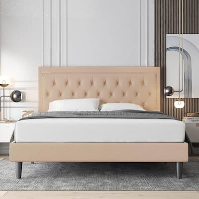 Beige Linen Platform Bed Frame with Button Tufted Headboard
