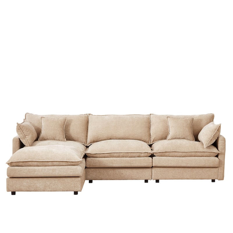 Chenille Chaise Sectional Sofa with Ottoman and 3-layers Cushions