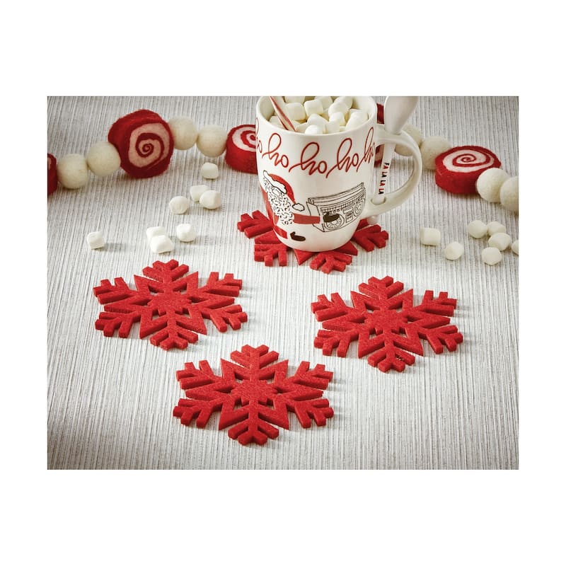 Snowflake Coaster Set of 4 - Winter Christmas Coasters for Bar - Red Polyester - 4.5" x 4.25" x 0.02" - Spot Clean