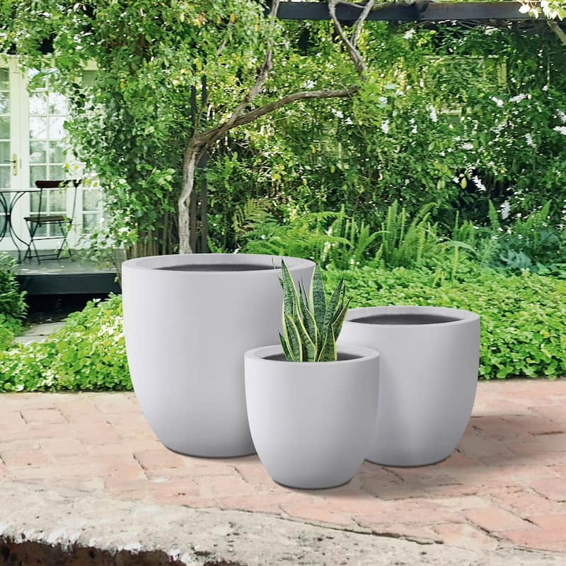Plantara 18", 14", & 10" D Round Solid White Concrete planter (Set of 3), Outdoor Flower pot, Modern Planter pot for Garden