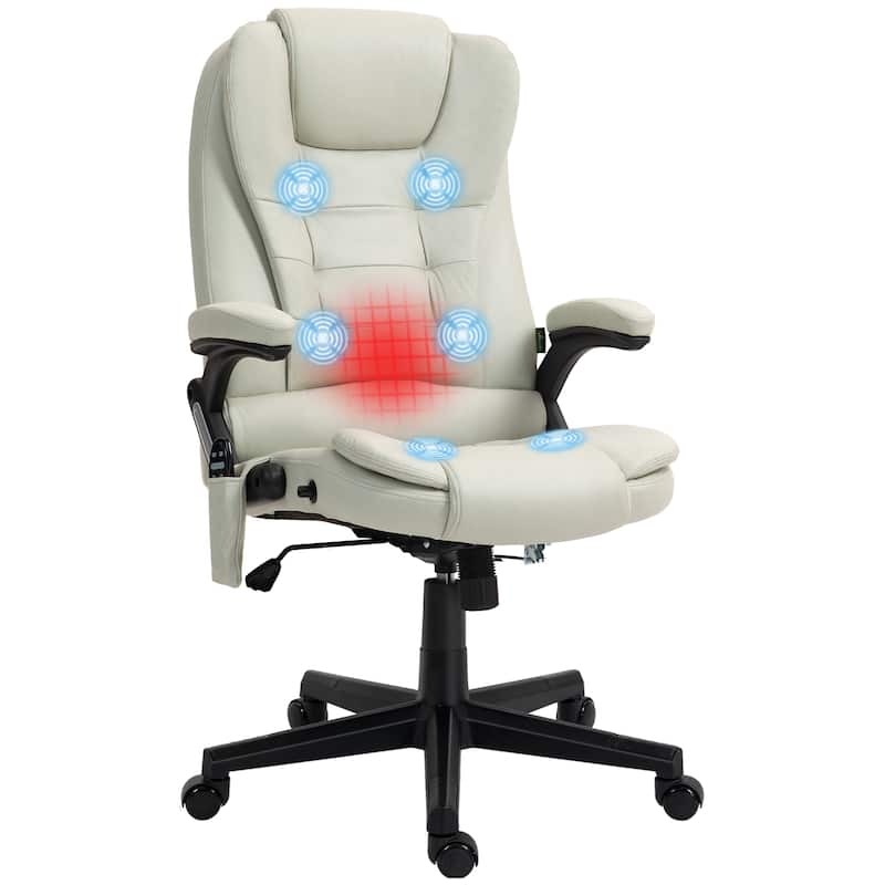 Beige 6 Point Vibrating Massage Office Chair with Heat, High Back Executive Office Chair with Reclining Backrest