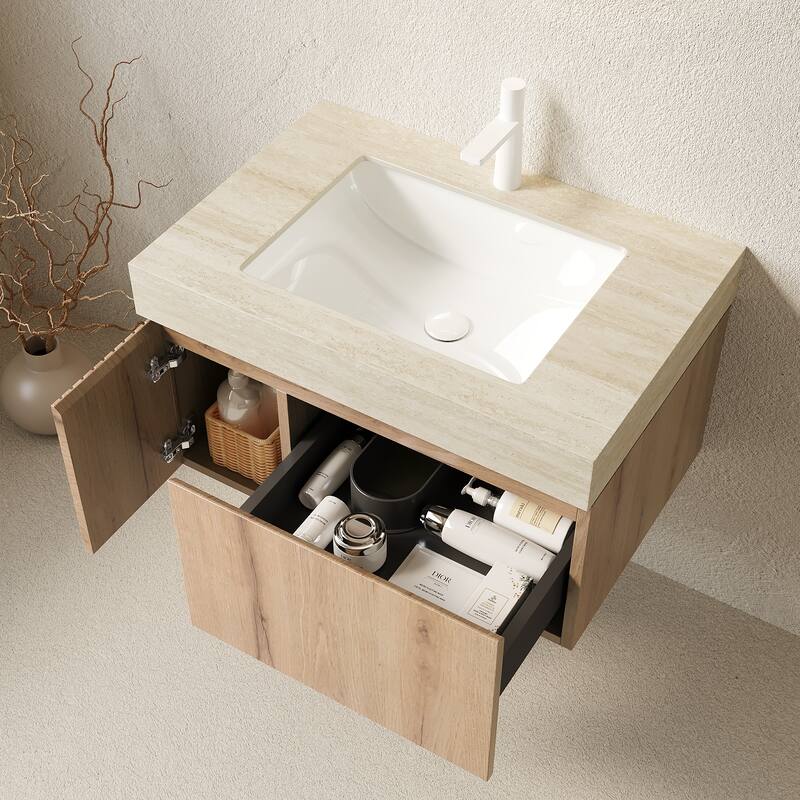 30"/36"/48" Wall-Mounted Bathroom Vanity with Ceramic Sink, Sintered Stone Countertop Floating Bathroom Storage Cabinet