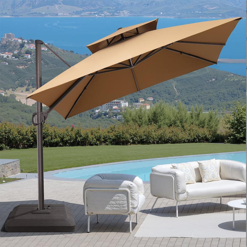10FT Outdoor Square Patio Cantilever-Offset Umbrella with Base Stand - Tan