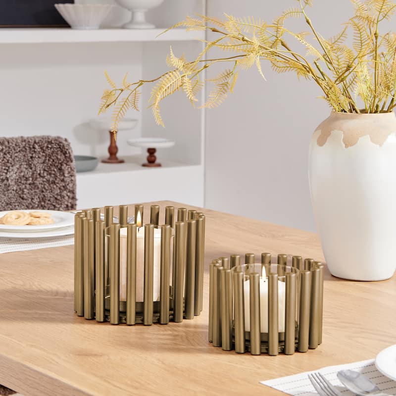 Danya B. Pela Pillar Ring Warm Gold Midcentury Modern Votive Hurricane Candle Holders - Set of 2 - 7.375 X 7.375 X 5.375