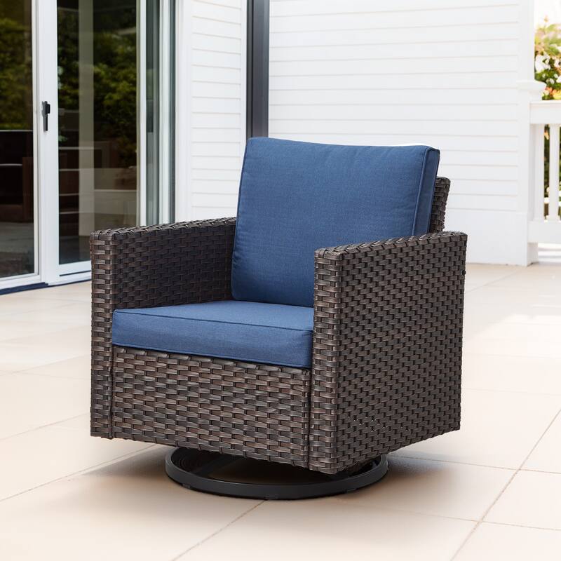 Gymojoy Wicker Swivel Glider Chair with 4 inch Olefin Cushions - 1-Piece - Brown Wicker / Blue Cusion