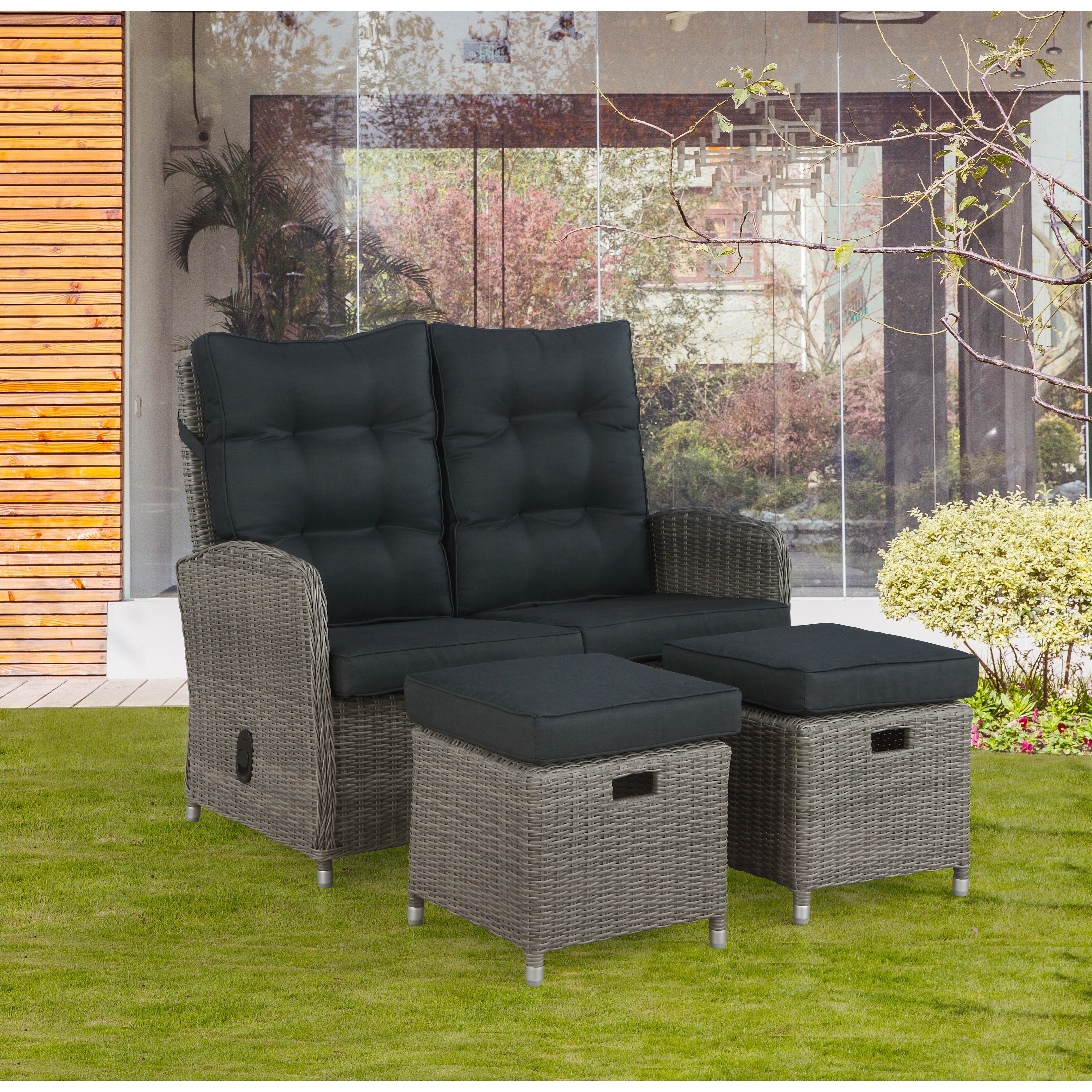 Shop Monaco All Weather 3 Piece Set With Two Seat Reclining Bench And Two Ottomans Standard On Sale Overstock 31932622
