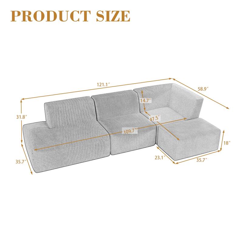 Modular All-Foam Corduroy Compression Sofa With Ottoman