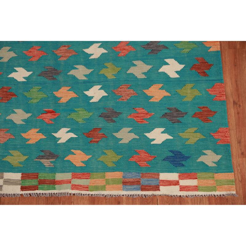 Hand Woven Oriental 100% Wool Carpet Southwestern All-Over Green Kilim Area Rug - 8' 2'' X 5' 7''