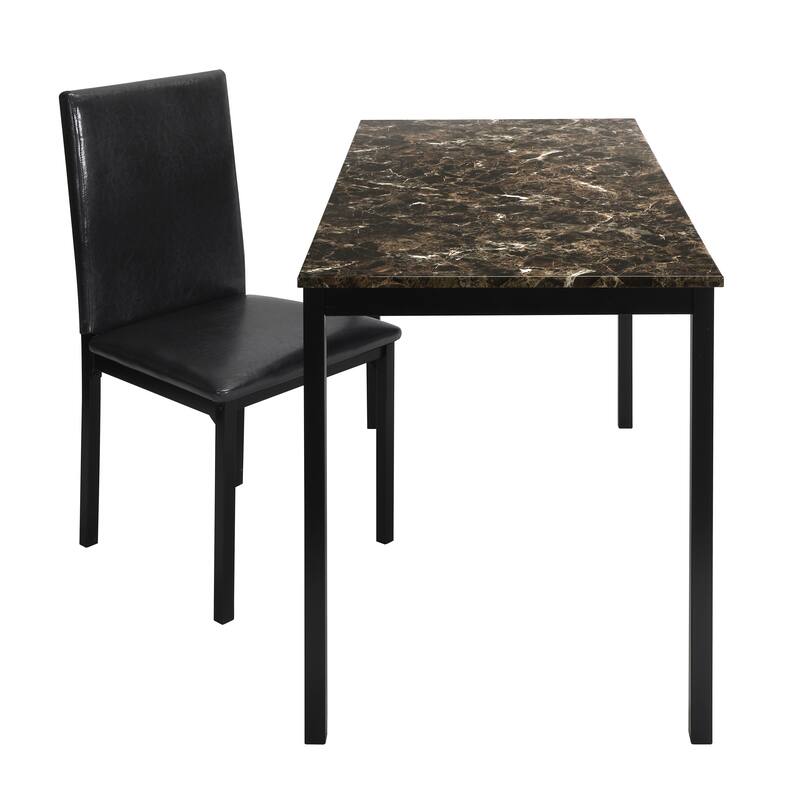 2pc Writing Desk and Chair Set Black Finish Metal Frame Faux Leather Upholstery Small Space Furniture Home Office