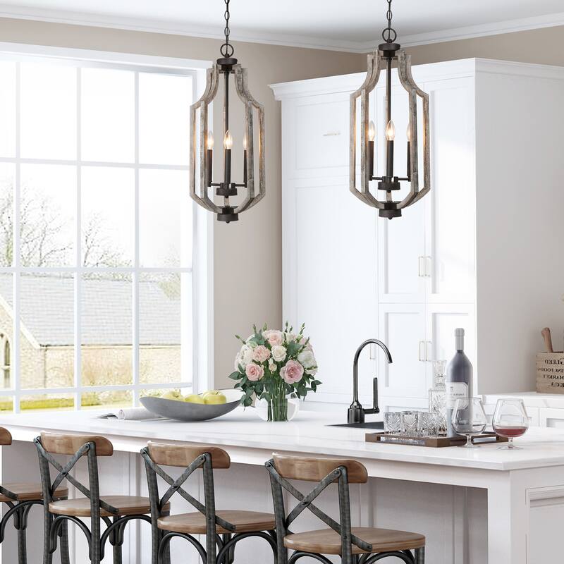 Modern Farmhouse 3-Light Wood Chandelier Lantern Island Lights for Dining Room - 12.5" W X 27" H