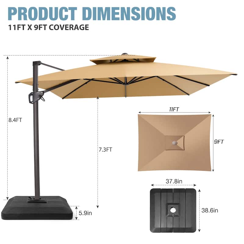 VredHom Patio Outdoor 9 x 11 FT Cantilever-Offset Umbrella with Premium Weight Base