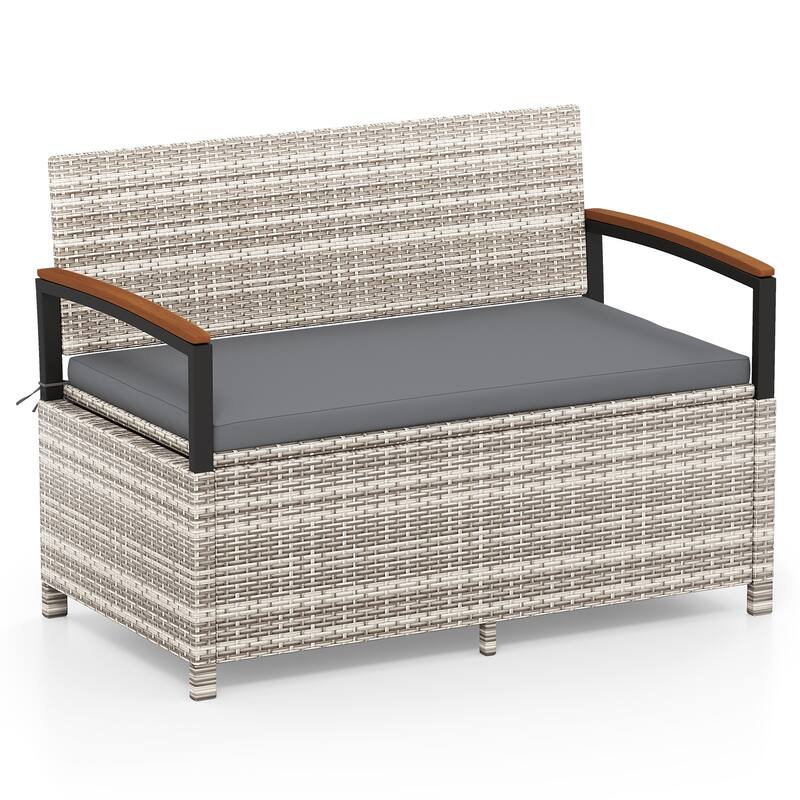 Gymax Outdoor Storage Bench w/Cushion Backrest & Acacia Wood Armrests