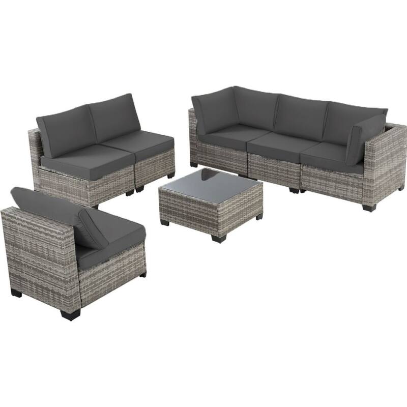 7-PC Wicker Patio Conversation Set with Brown Cushions, 6 sofas, 1 table