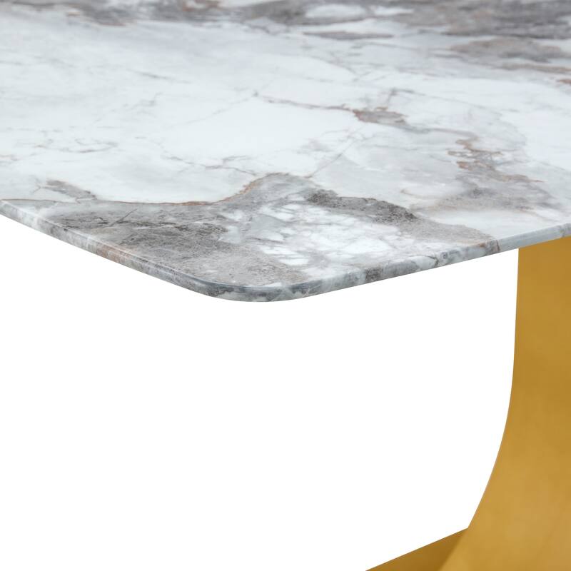 9-Piece Glass Marble-Texture Dining Set, Kitchen Table Set with PU Chairs and Gold Metal Legs for Dining Room