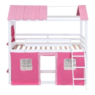 Playhouse Design Impression & Beautiful Twin Size Bunk Wood House Bed with Elegant Windows, Sills and Tent