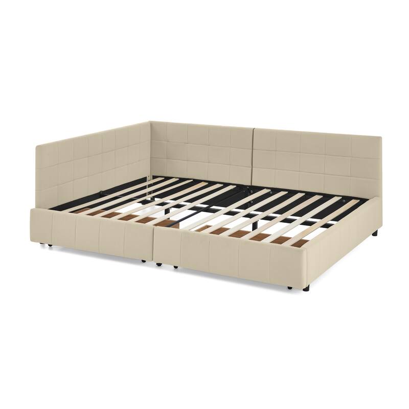 Full Size Upholstered Daybed Platform Tufted Bed Frame with Comfortable Backrest and 2 Drawers