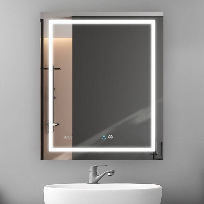 AQUADOM Daytona LED Mirror for Bathroom with Touch Control, Defogger, Digital Clock - 24"x30"x1"