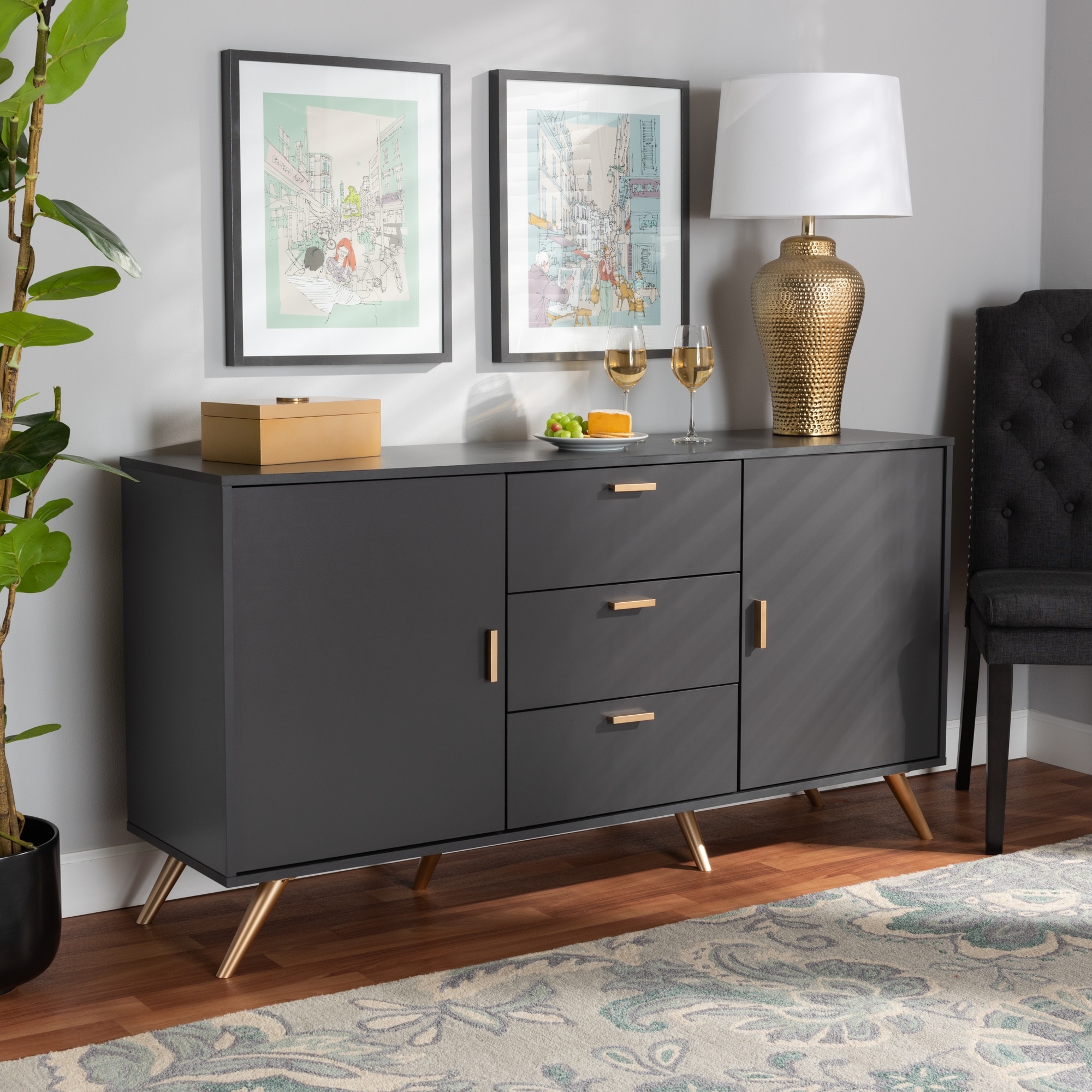Kelson Modern Dark Grey and Gold Finished Wood 2-Door Sideboard Buffet
