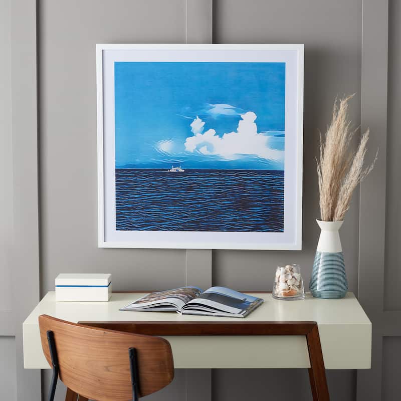 SAFAVIEH Raimunda Day At Sea Hand Painting, 28 x 28, Framed Wall Art - Blue/White - 28WX1DX28H - Brown
