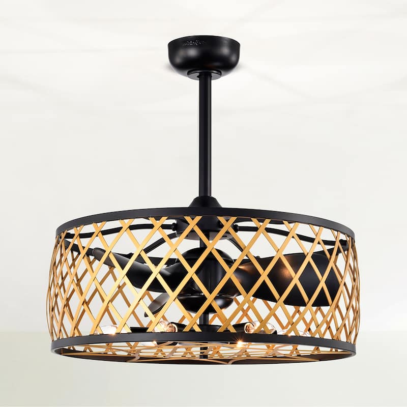 25 Inch Matte Black and Gold cage Finish Ceiling Lighted Fandelire with Remote