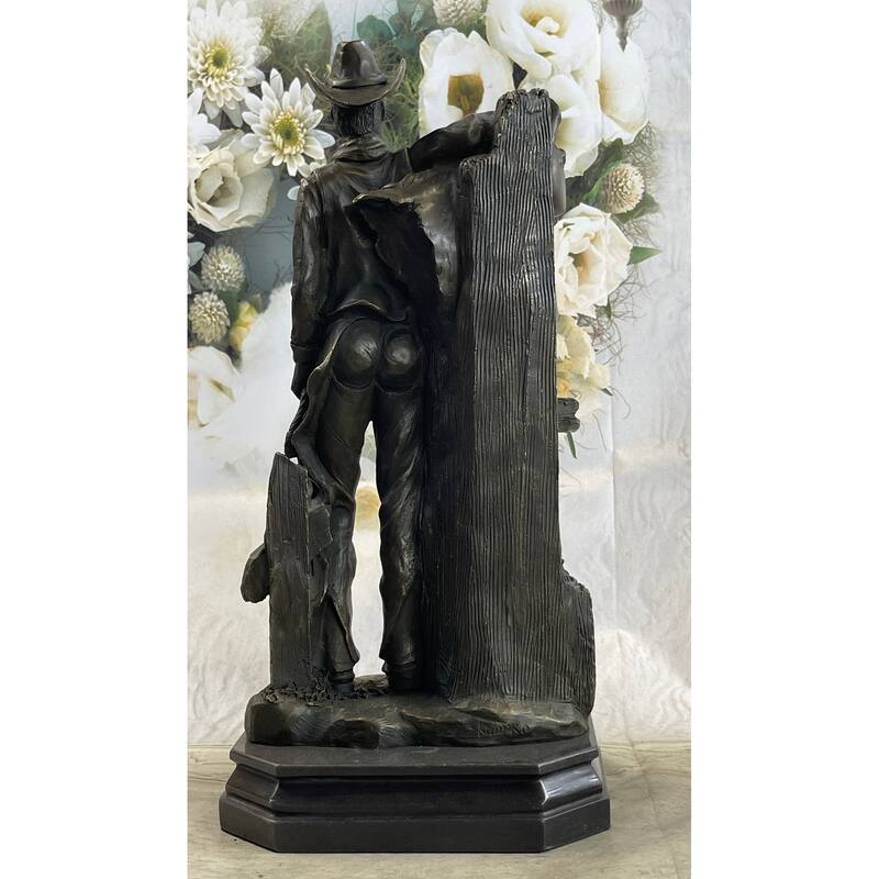 Cowboy Saddling Imitative Horse Stables Barn Bronze Statue Sculpture Figure 16 Inches X 8 Inches